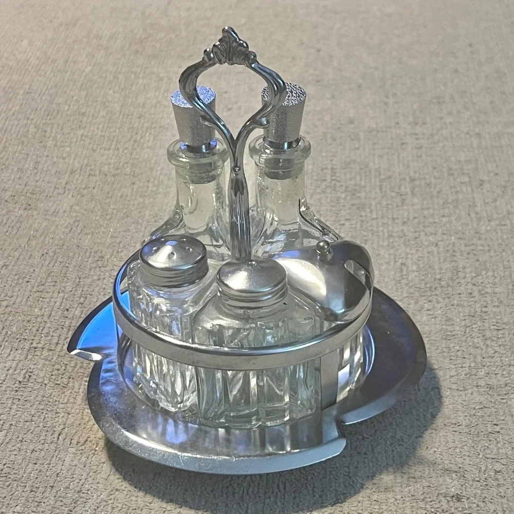 Vintage 5 Piece Glass Cruet Set with Metal Caddy Salt Pepper Oil Vinegar Mustard